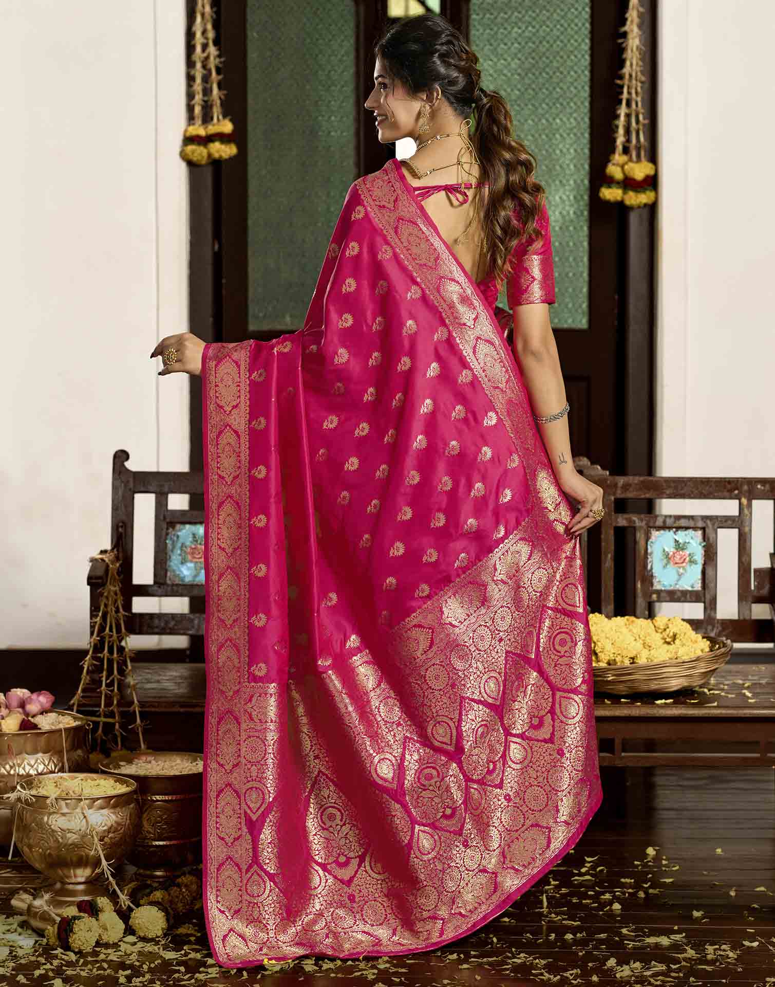 Rani Pink Silk Woven Banarasi Saree