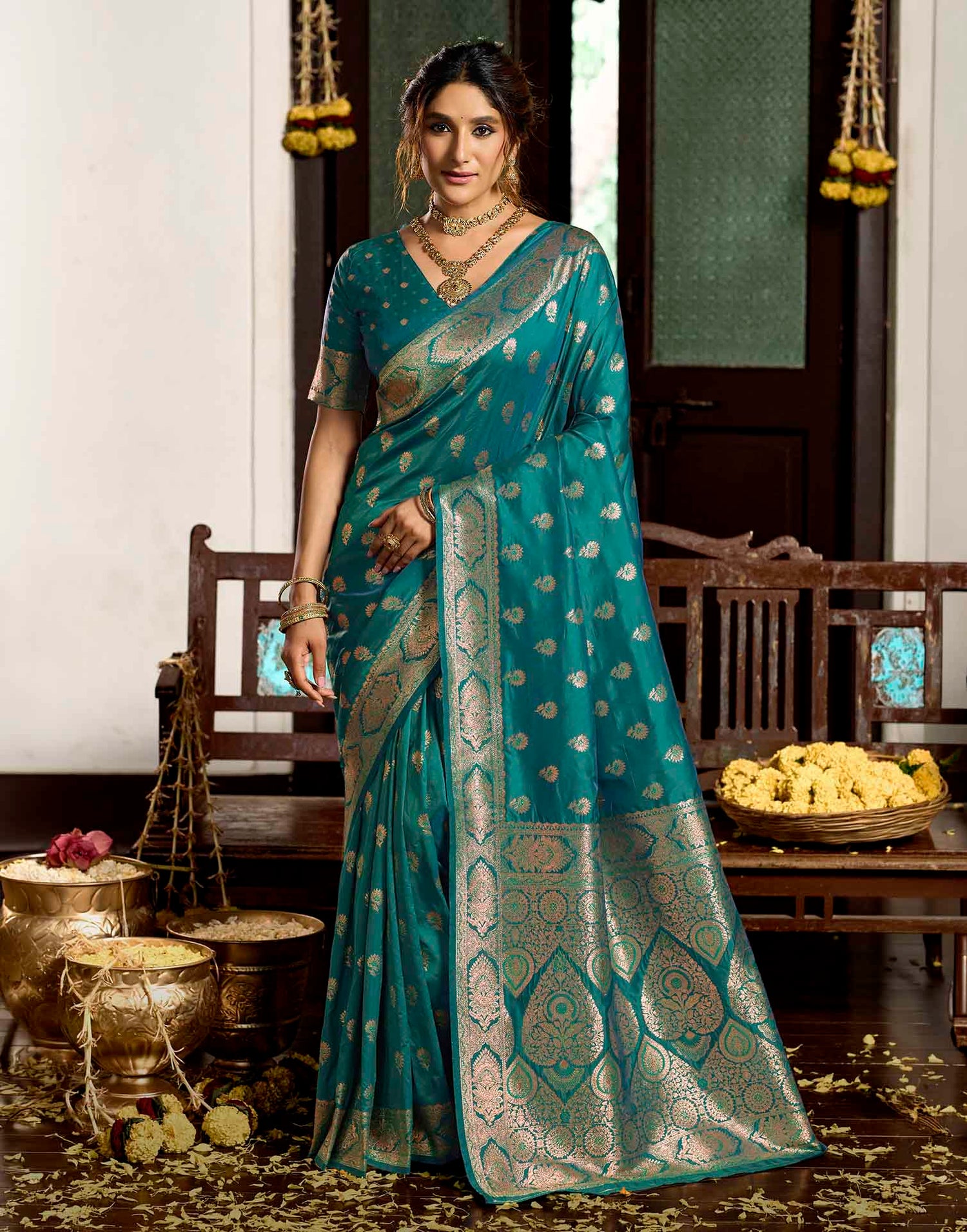 Peacock Blue Silk Woven Banarasi Saree