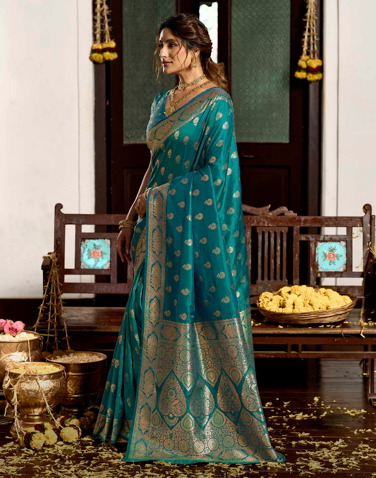 Peacock Blue Silk Woven Banarasi Saree