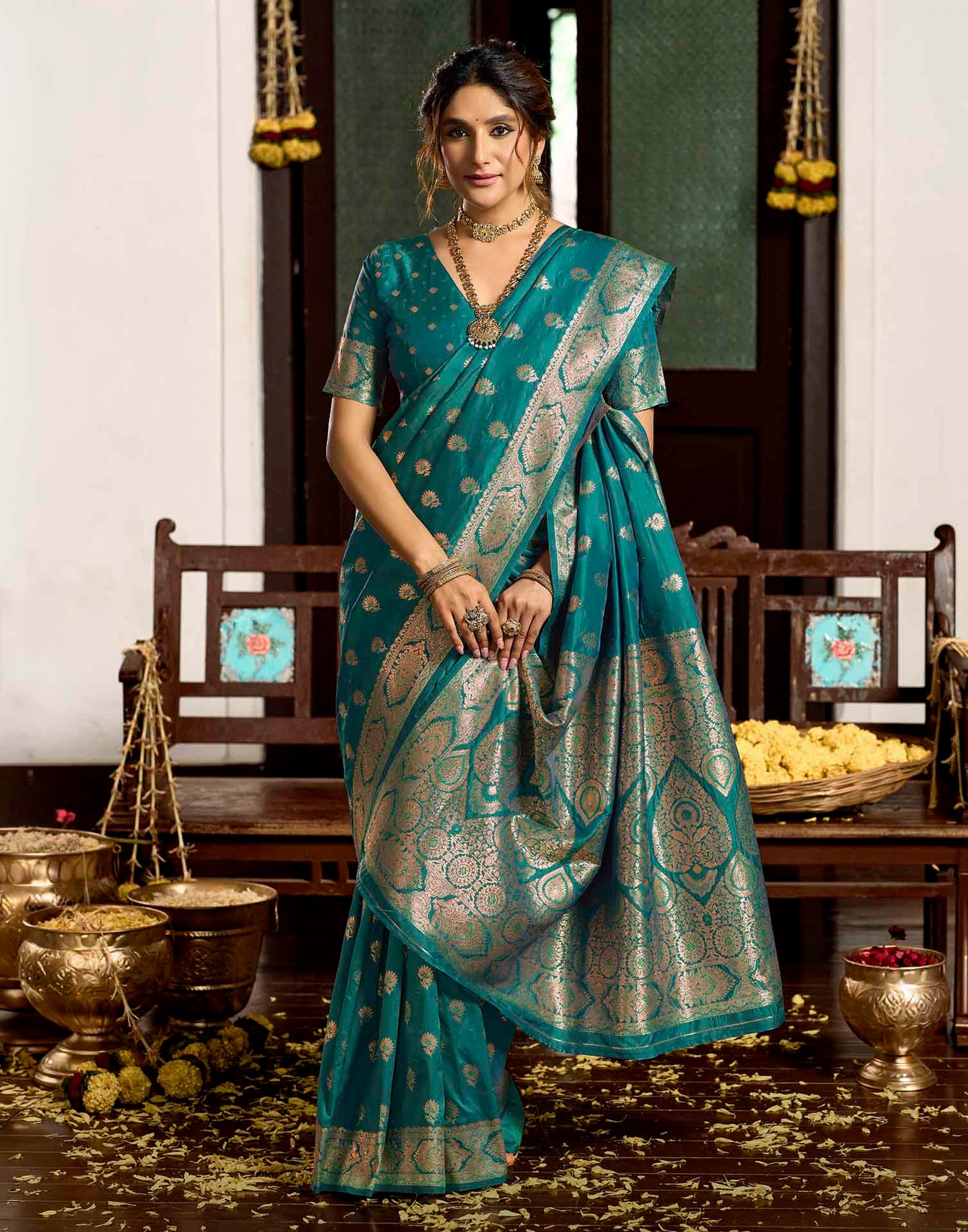 Peacock Blue Silk Woven Banarasi Saree