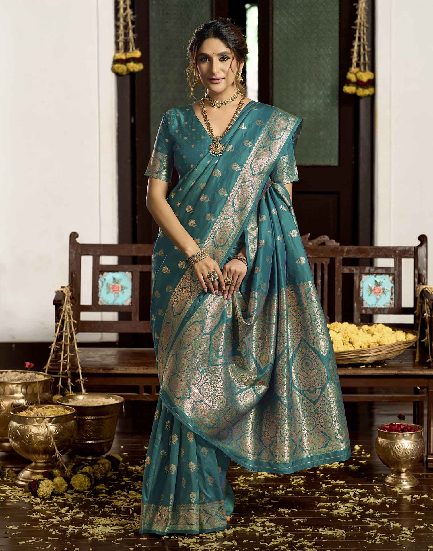 Peacock Blue Silk Woven Banarasi Saree