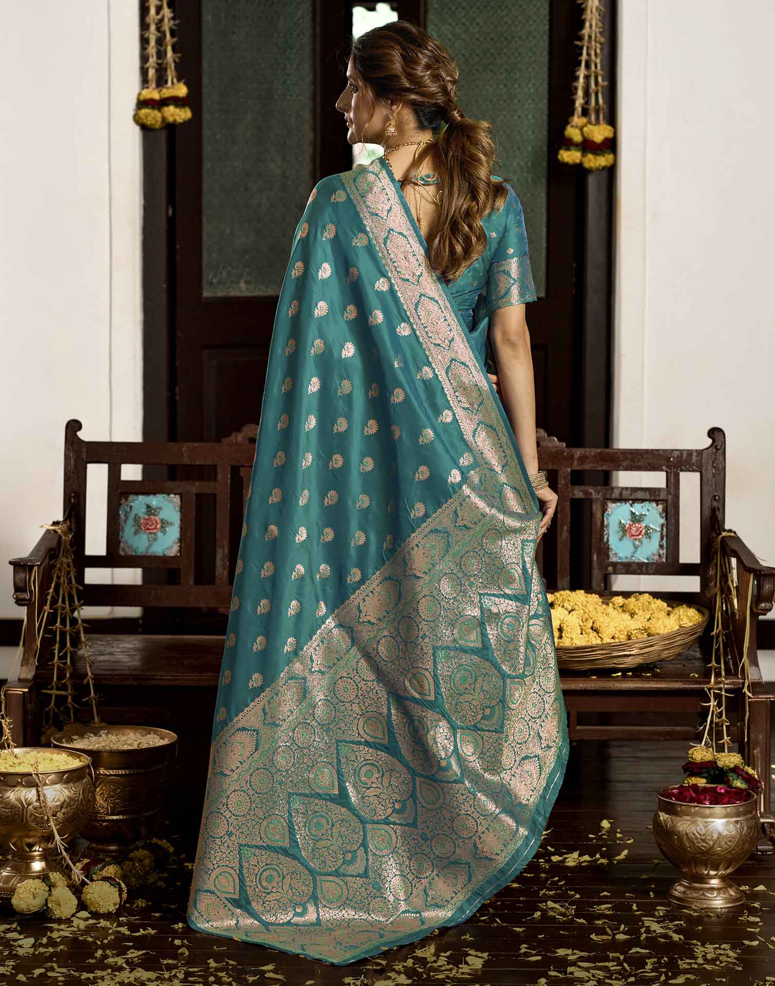 Peacock Blue Silk Woven Banarasi Saree