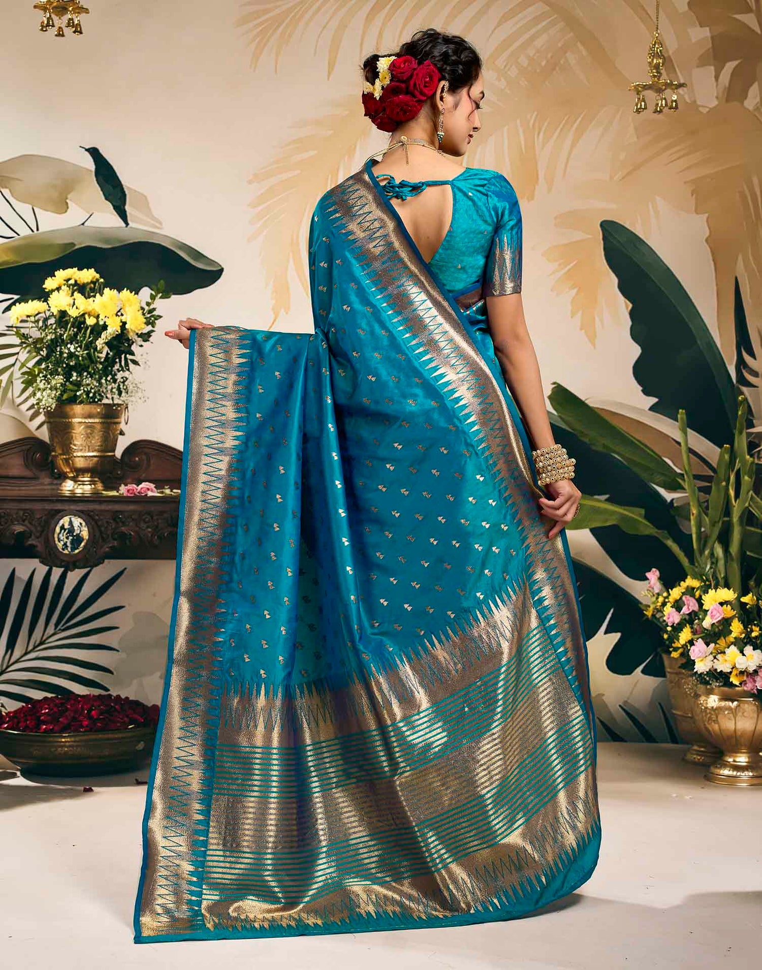 Teal Blue Silk Woven Banarasi Saree
