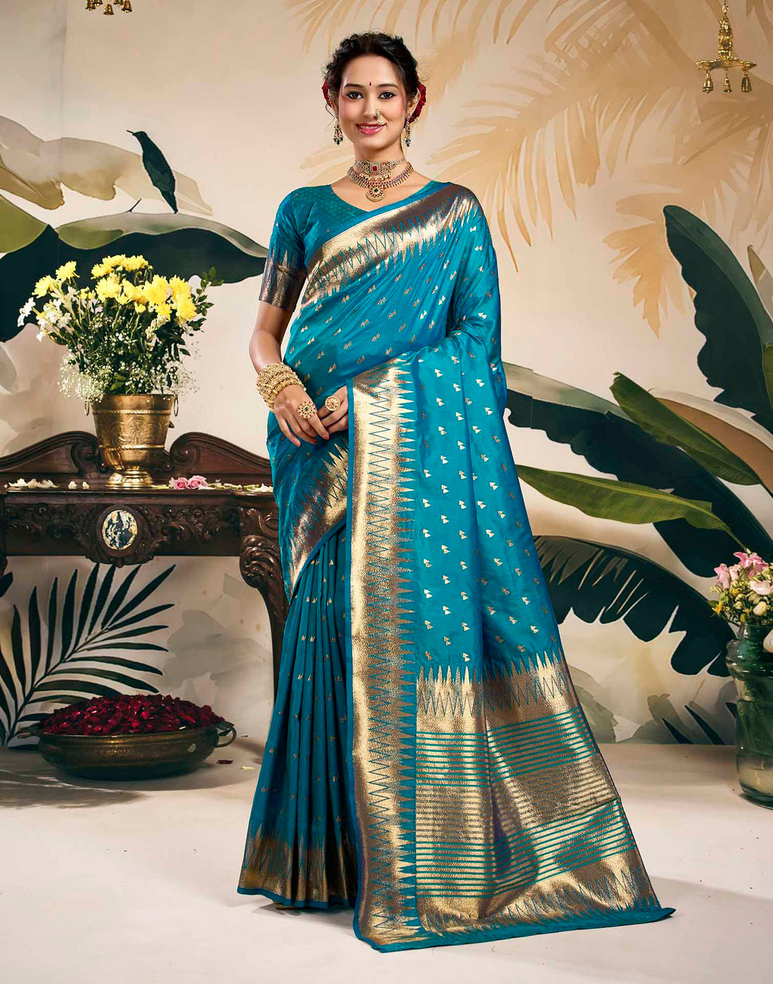 Teal Blue Silk Woven Banarasi Saree