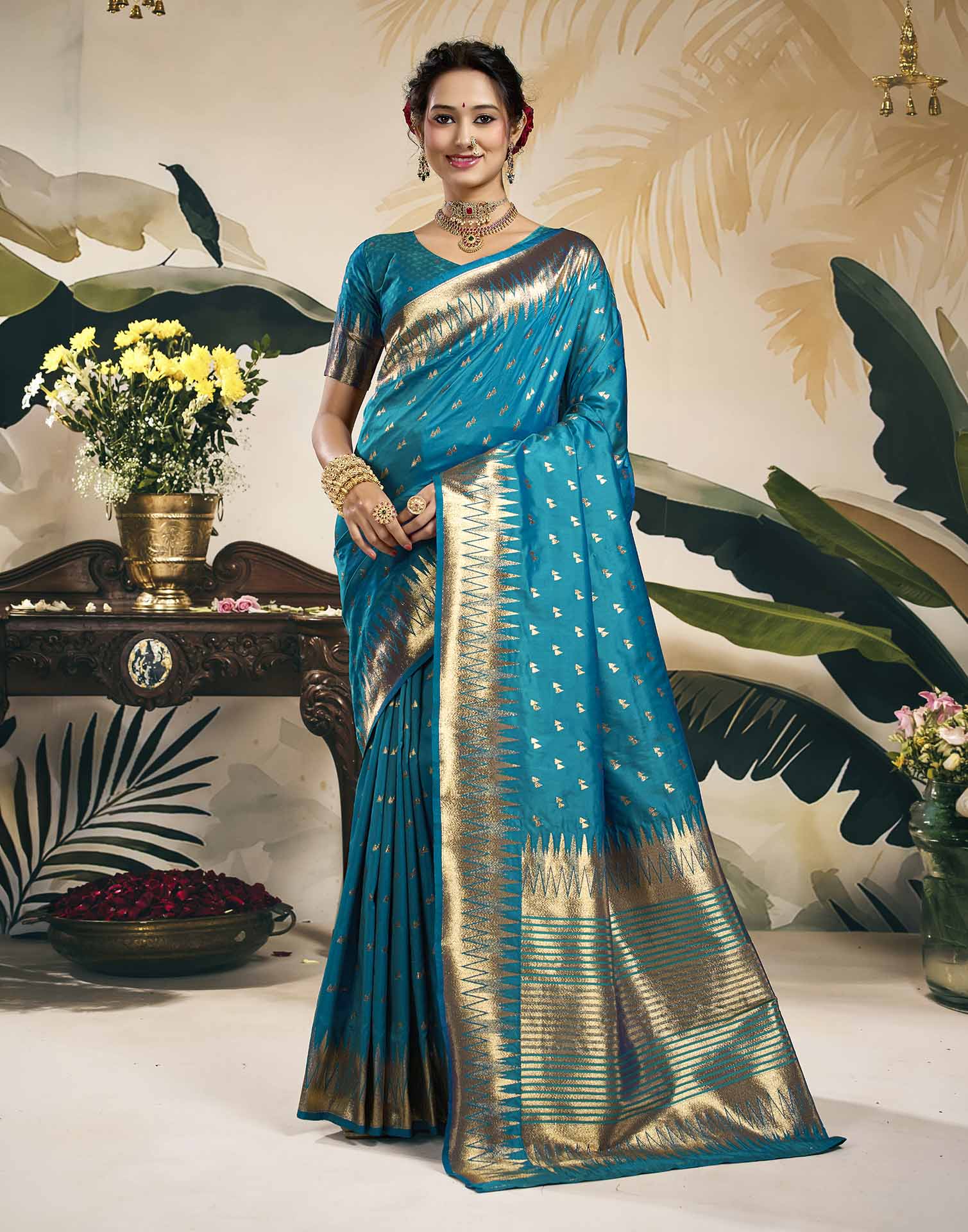 Teal Blue Silk Woven Banarasi Saree