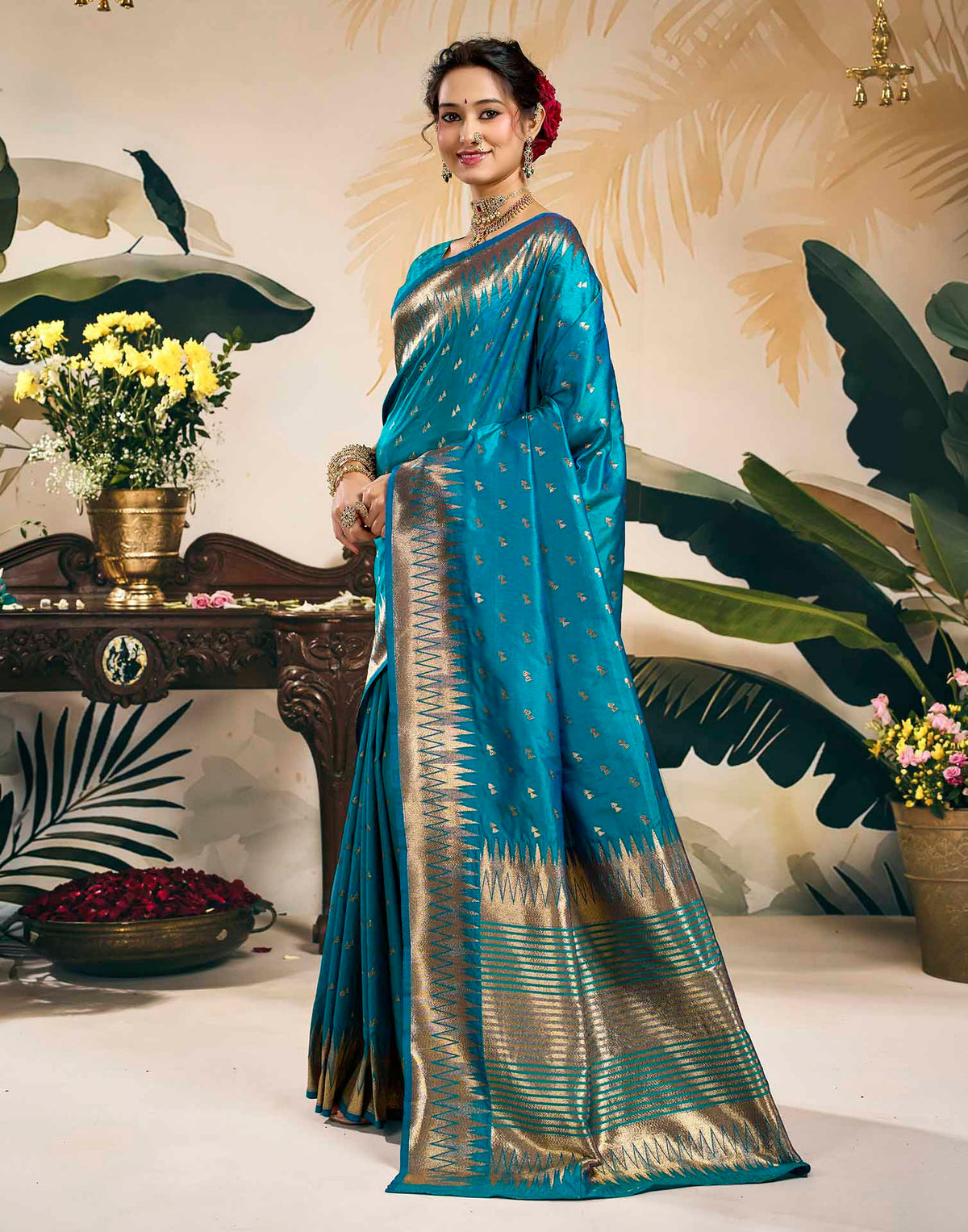 Teal Blue Silk Woven Banarasi Saree