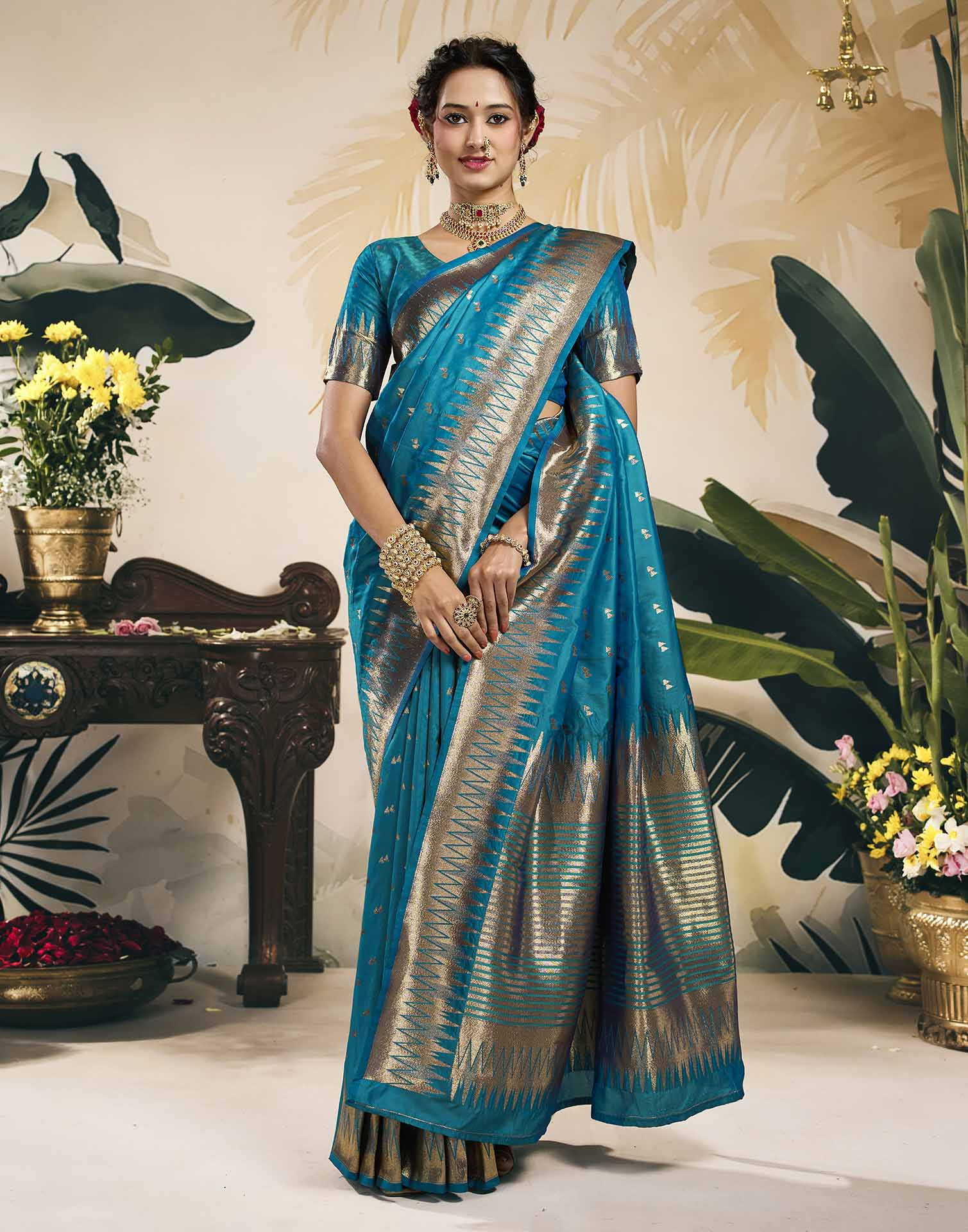 Teal Blue Silk Woven Banarasi Saree
