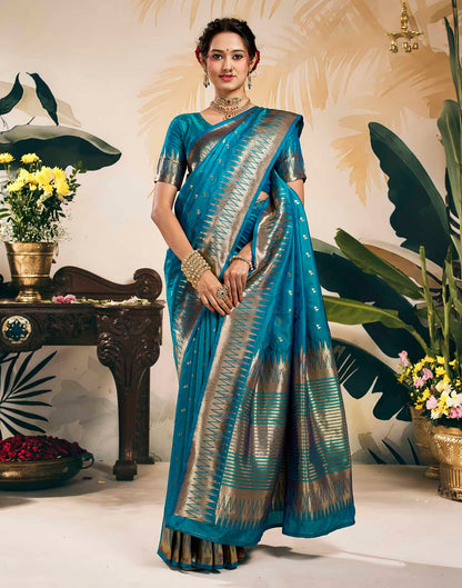 Teal Blue Silk Woven Banarasi Saree