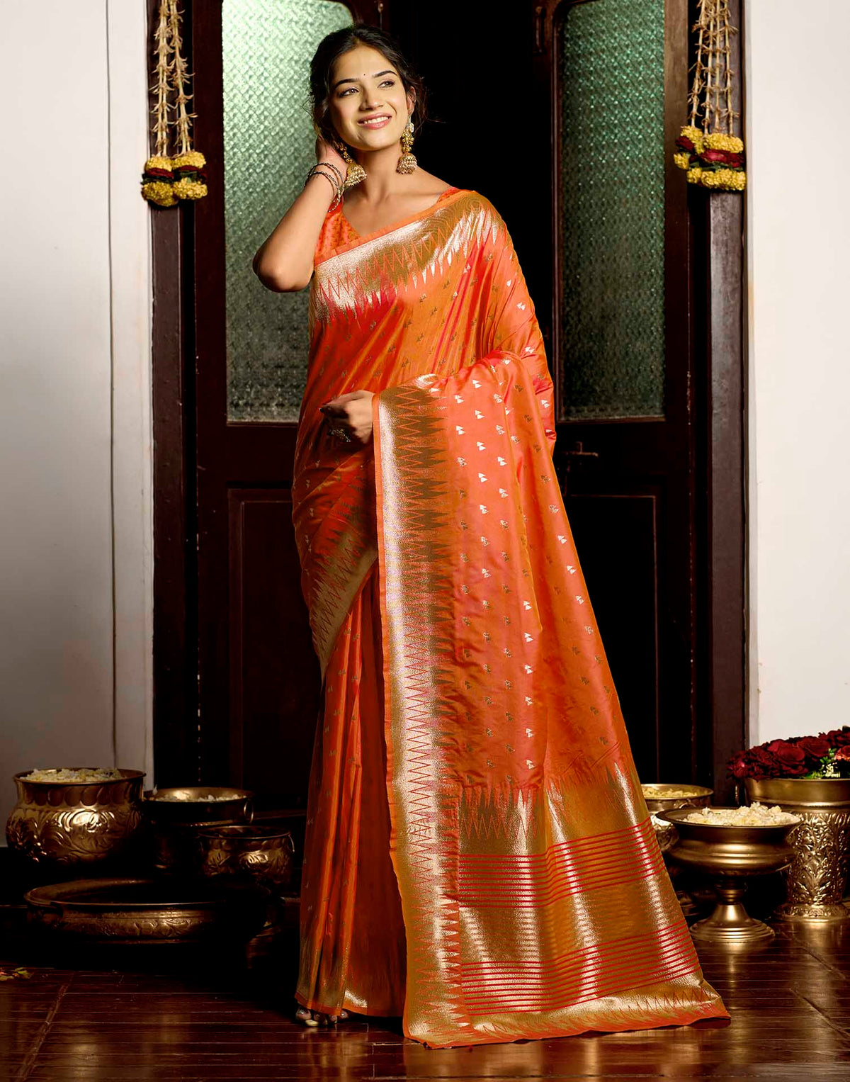 Orange Silk Woven Banarasi Saree