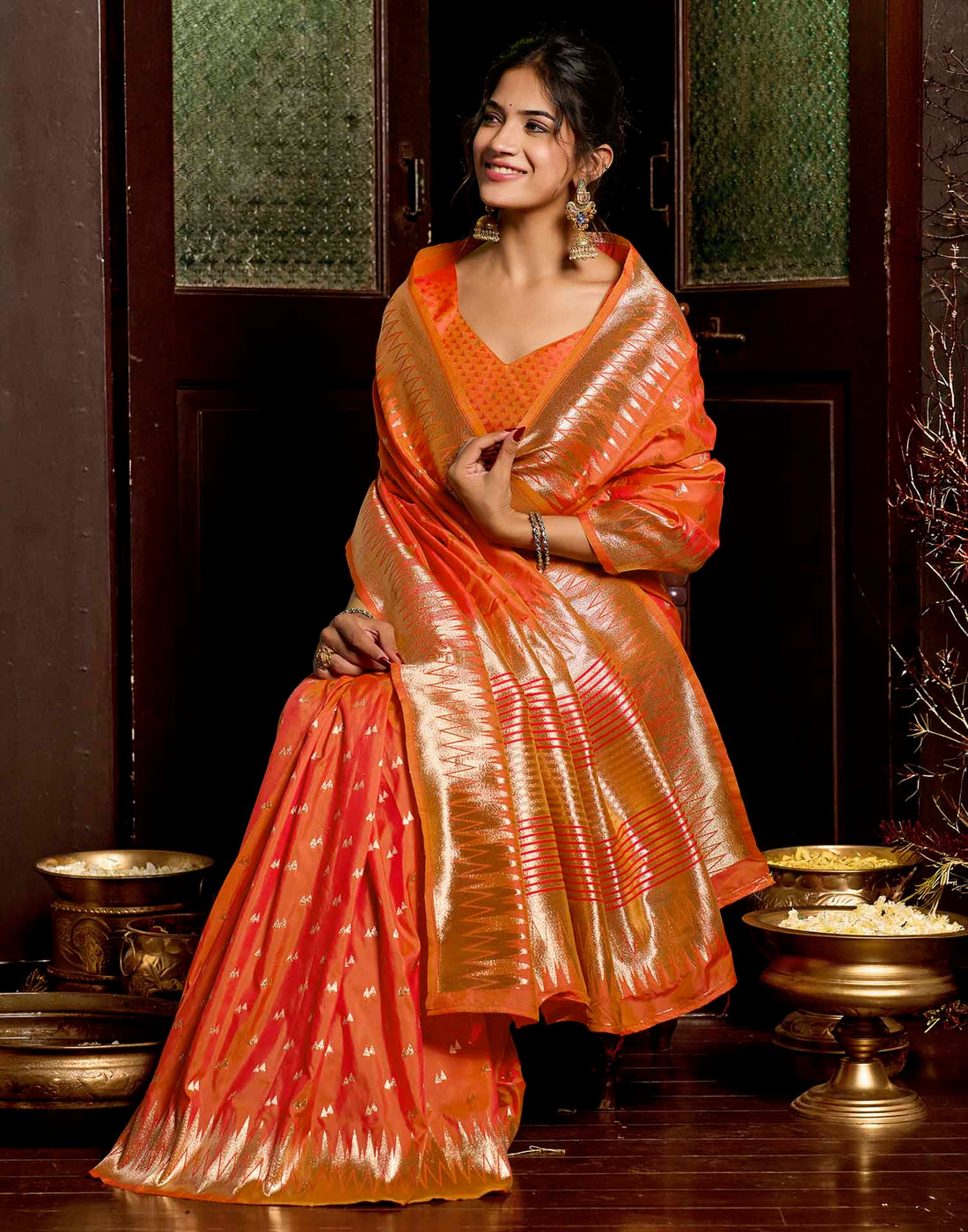 Orange Silk Woven Banarasi Saree