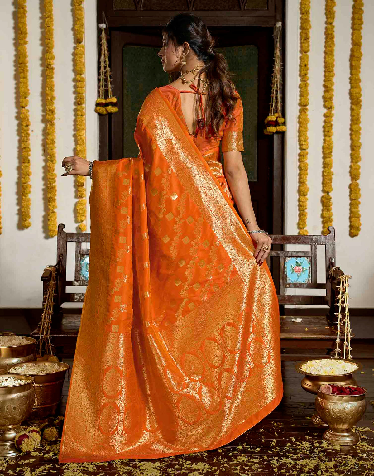 Orange Silk Woven Banarasi Saree