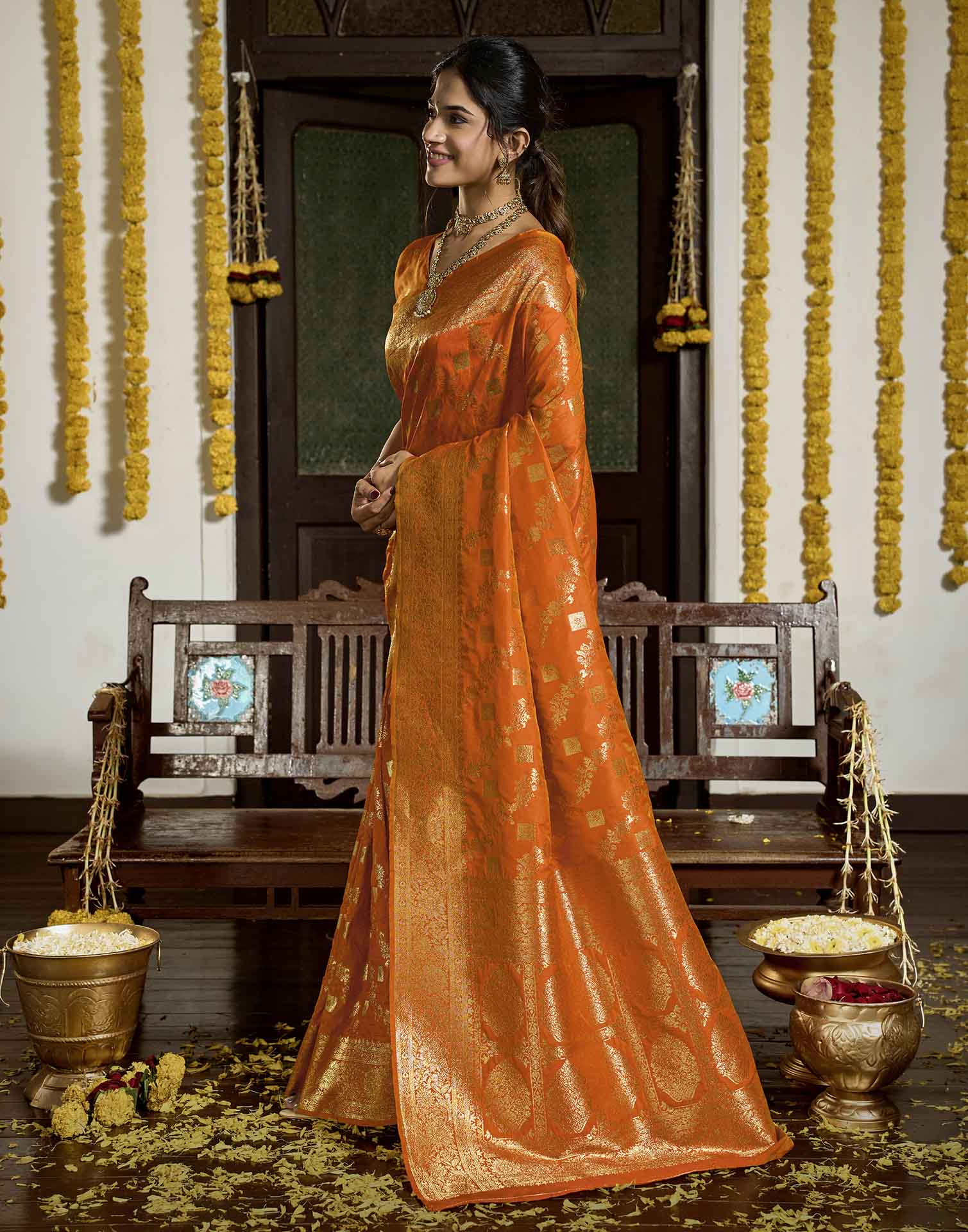 Orange Silk Woven Banarasi Saree