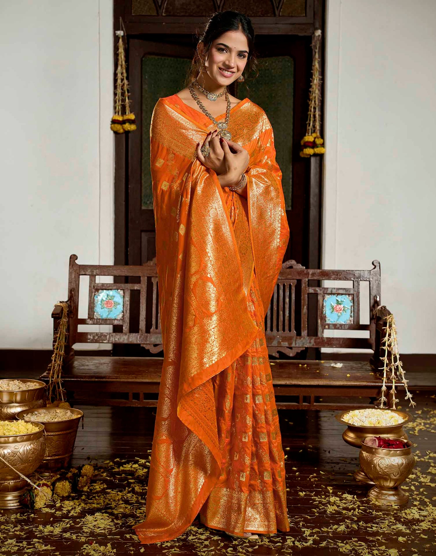 Orange Silk Woven Banarasi Saree