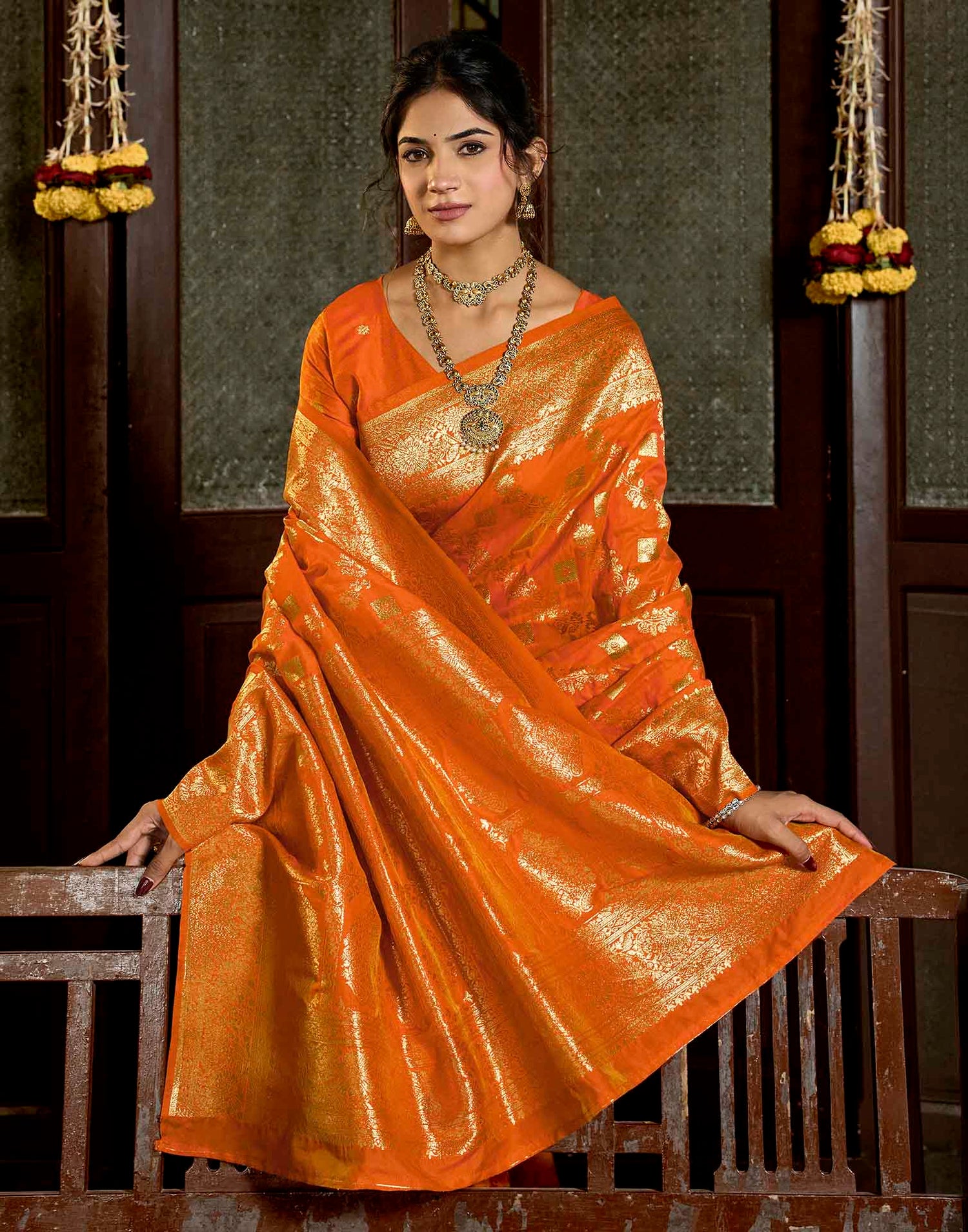 Orange Silk Woven Banarasi Saree