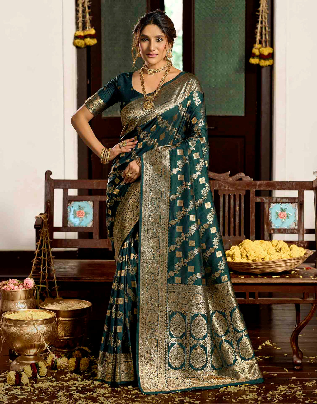 Bottle Green Silk Woven Banarasi Saree
