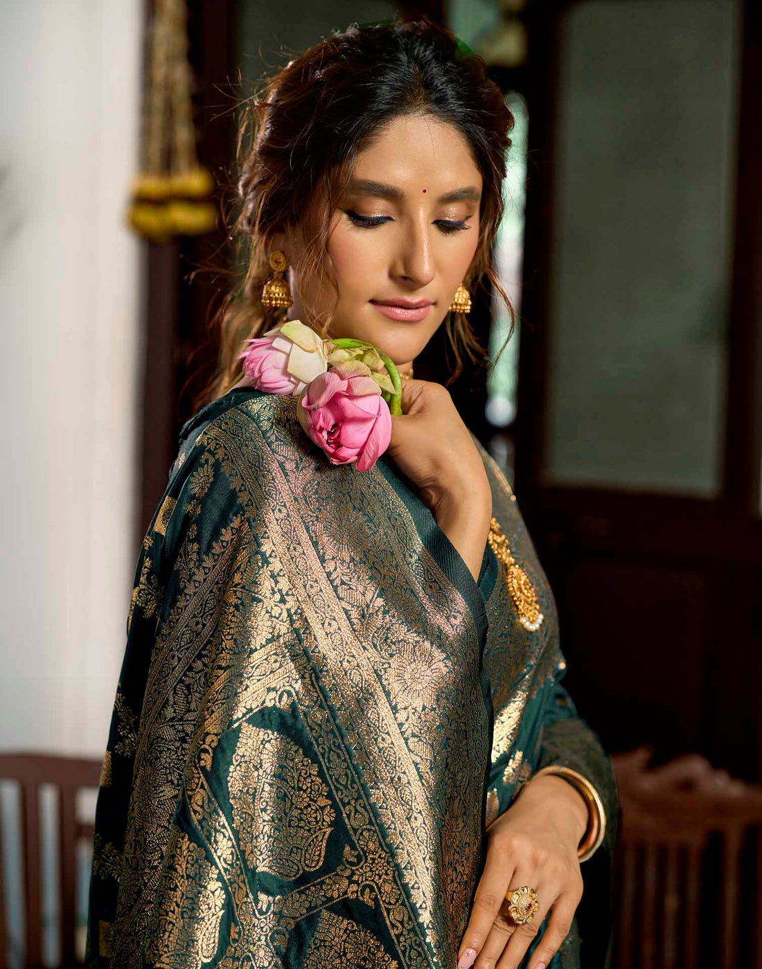 Bottle Green Silk Woven Banarasi Saree