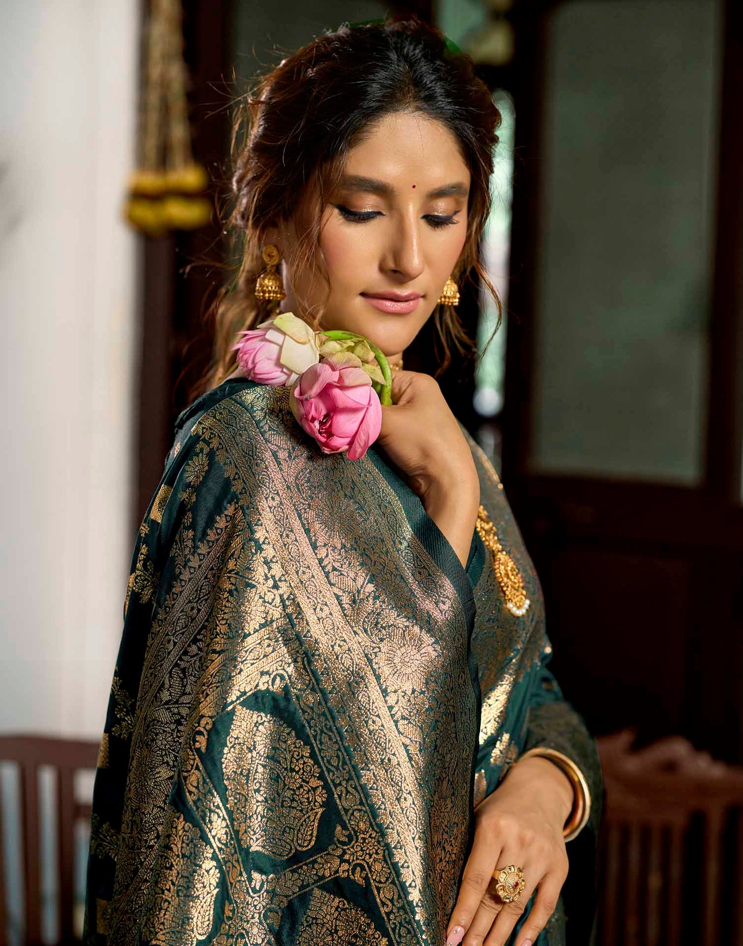 Bottle Green Silk Woven Banarasi Saree