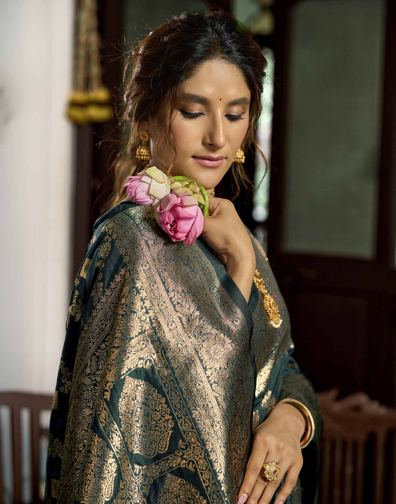 Bottle Green Silk Woven Banarasi Saree