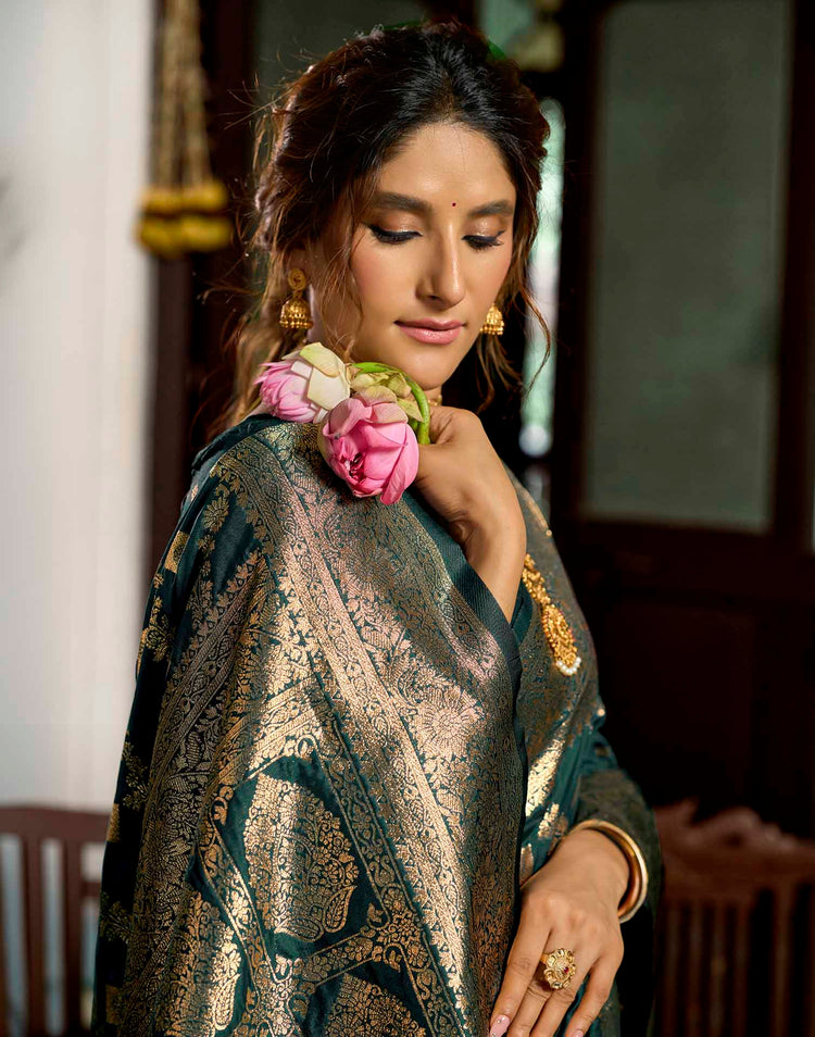 Bottle Green Silk Woven Banarasi Saree