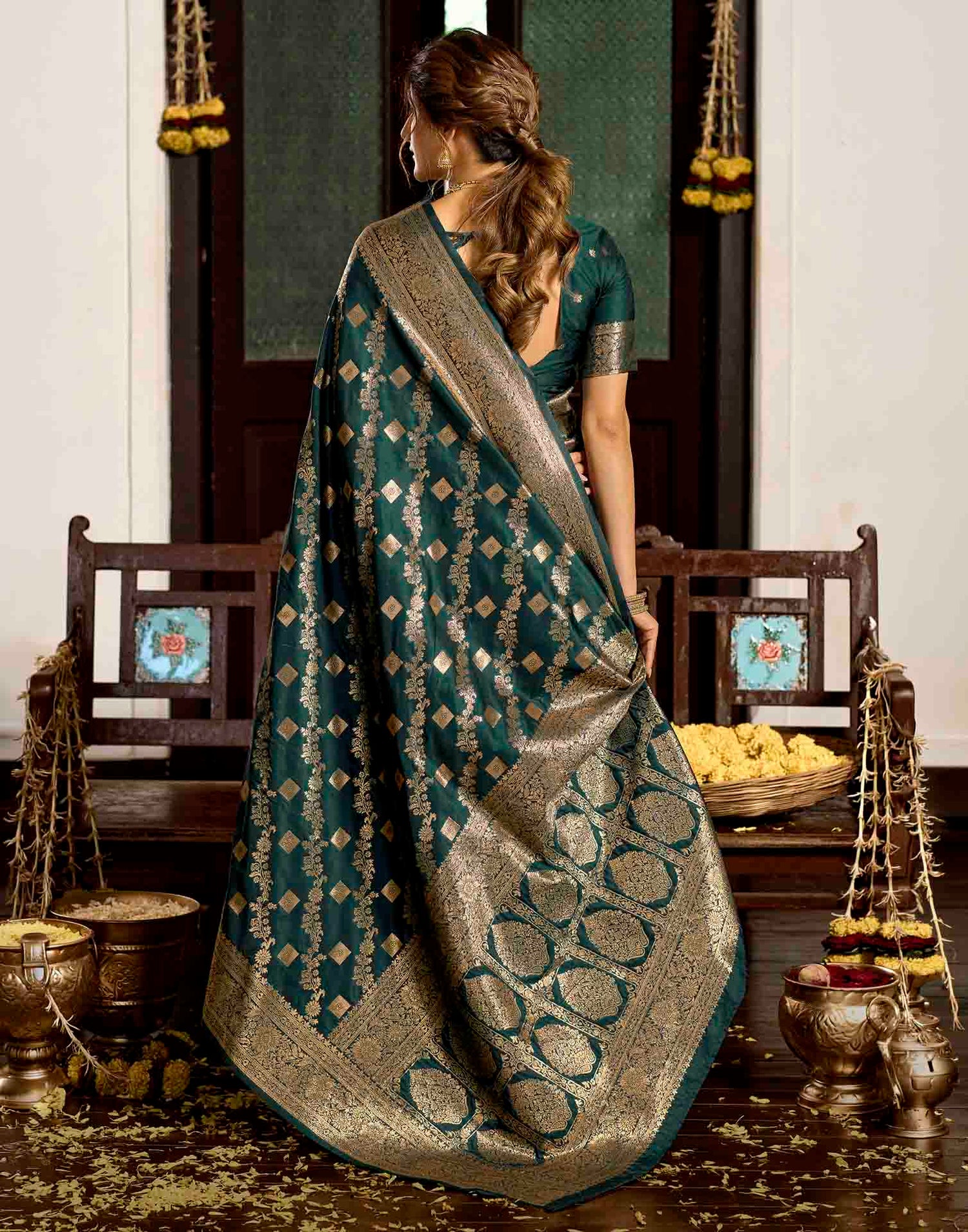 Bottle Green Silk Woven Banarasi Saree
