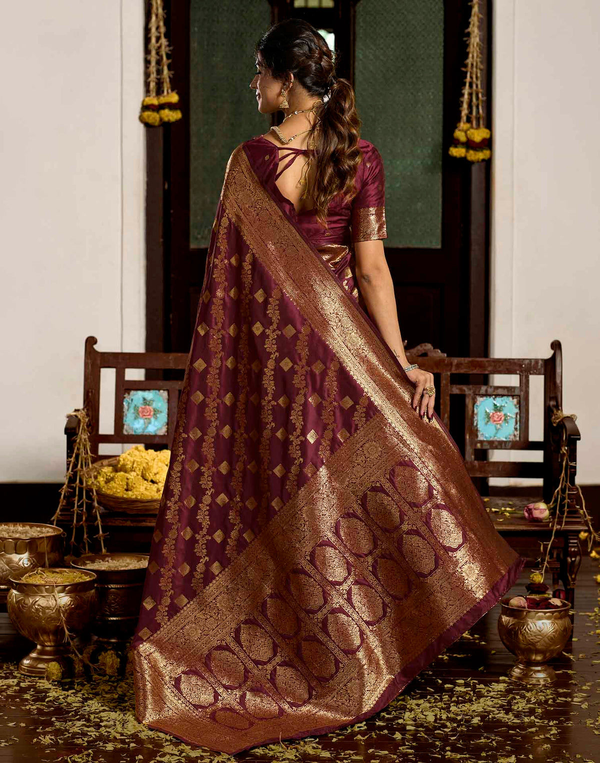 Maroon Silk Woven Banarasi Saree