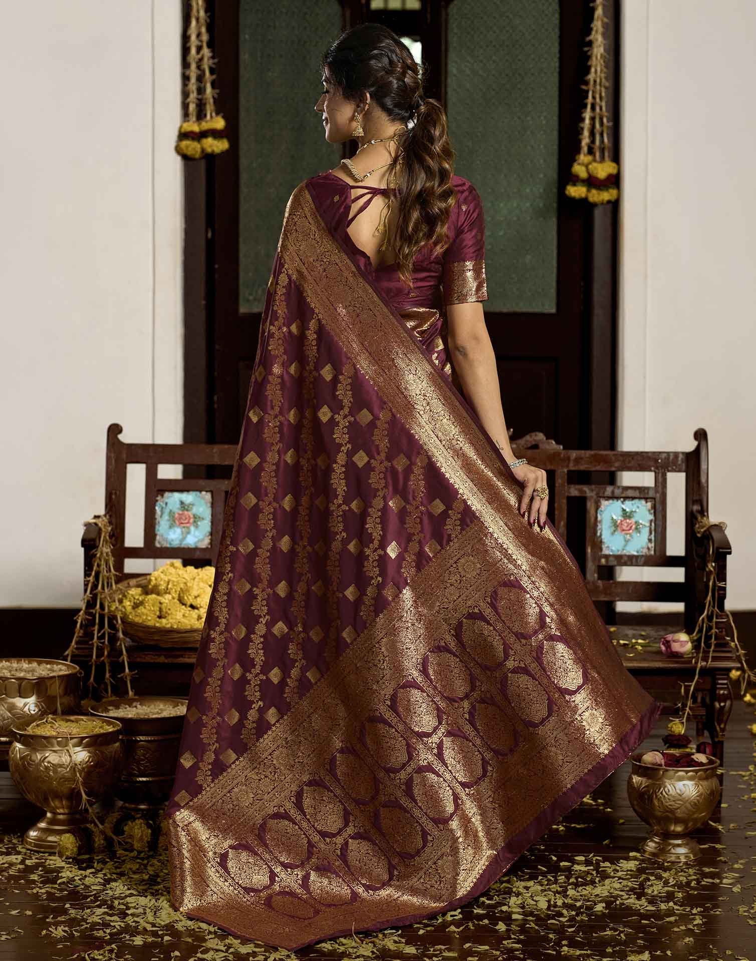 Maroon Silk Woven Banarasi Saree