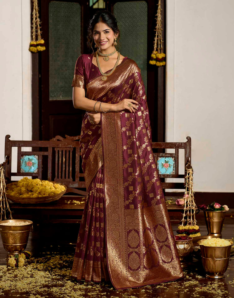 Maroon Silk Woven Banarasi Saree
