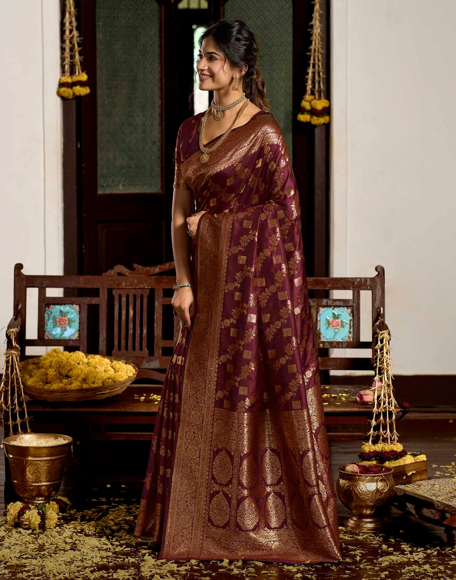 Maroon Silk Woven Banarasi Saree