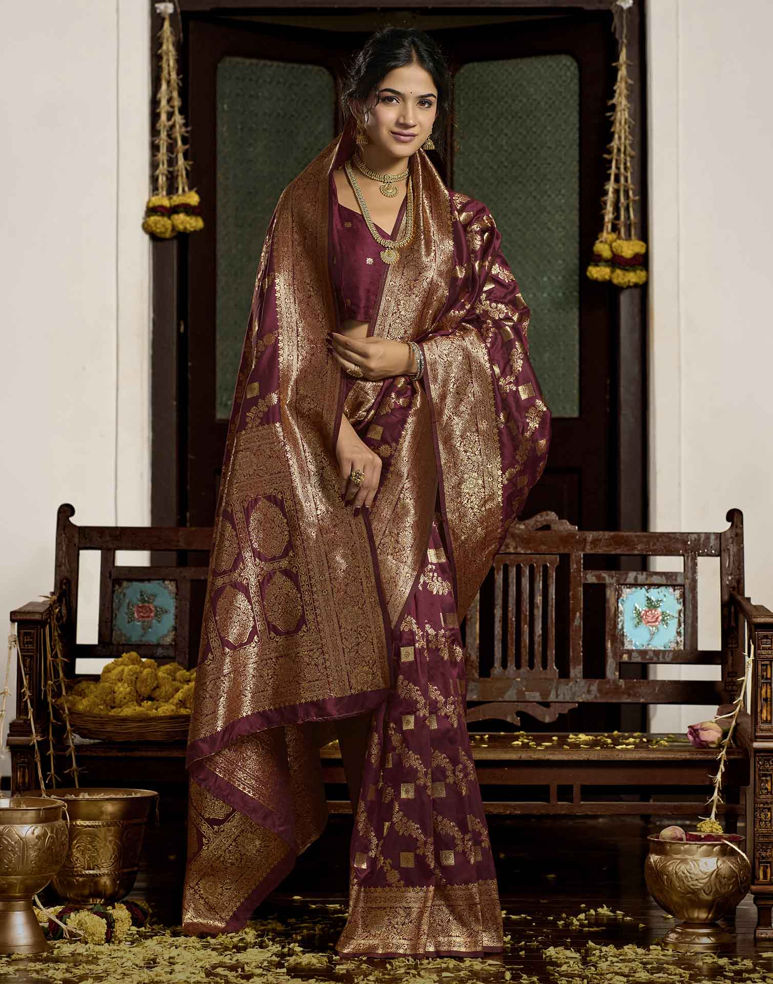 Maroon Silk Woven Banarasi Saree