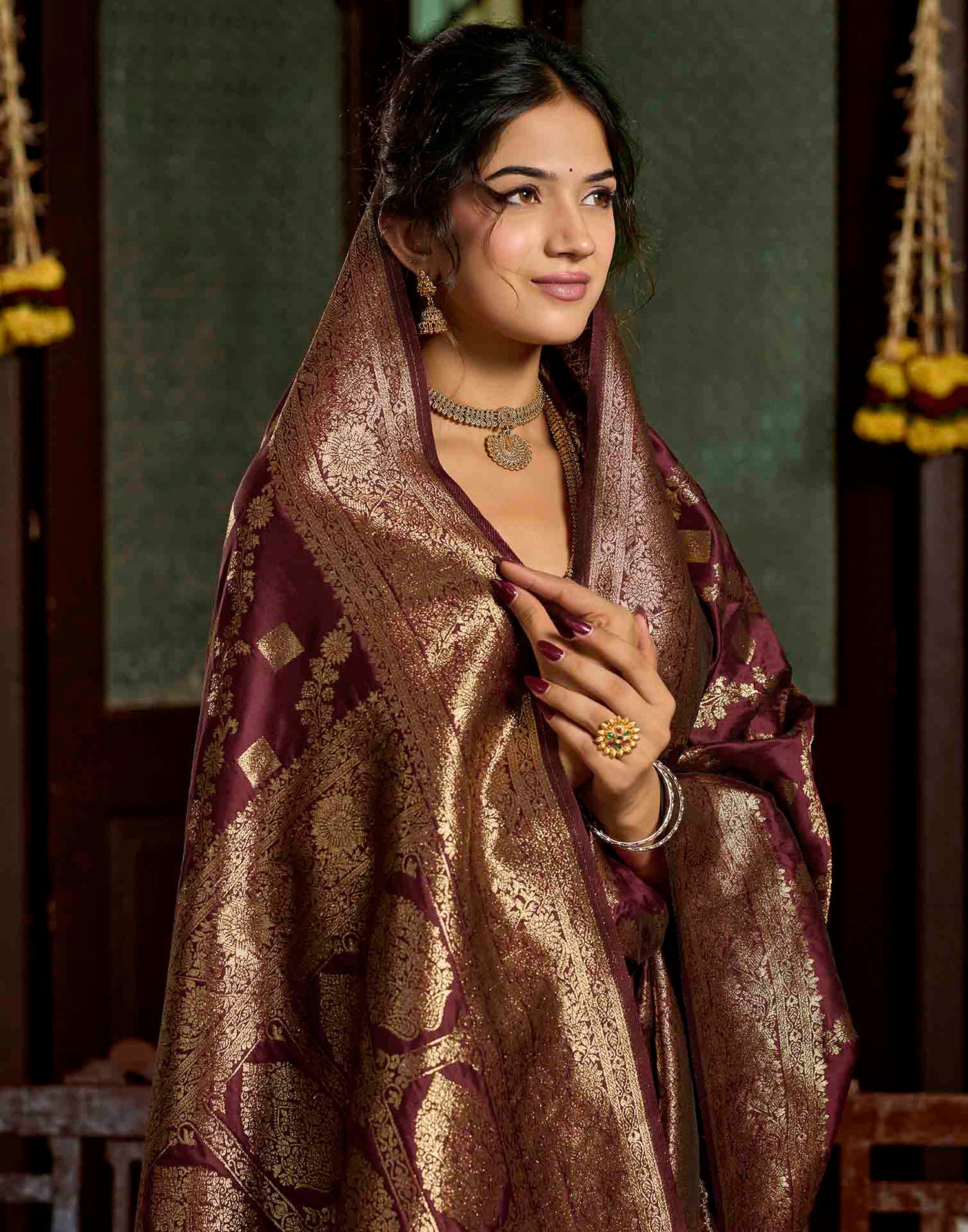 Maroon Silk Woven Banarasi Saree