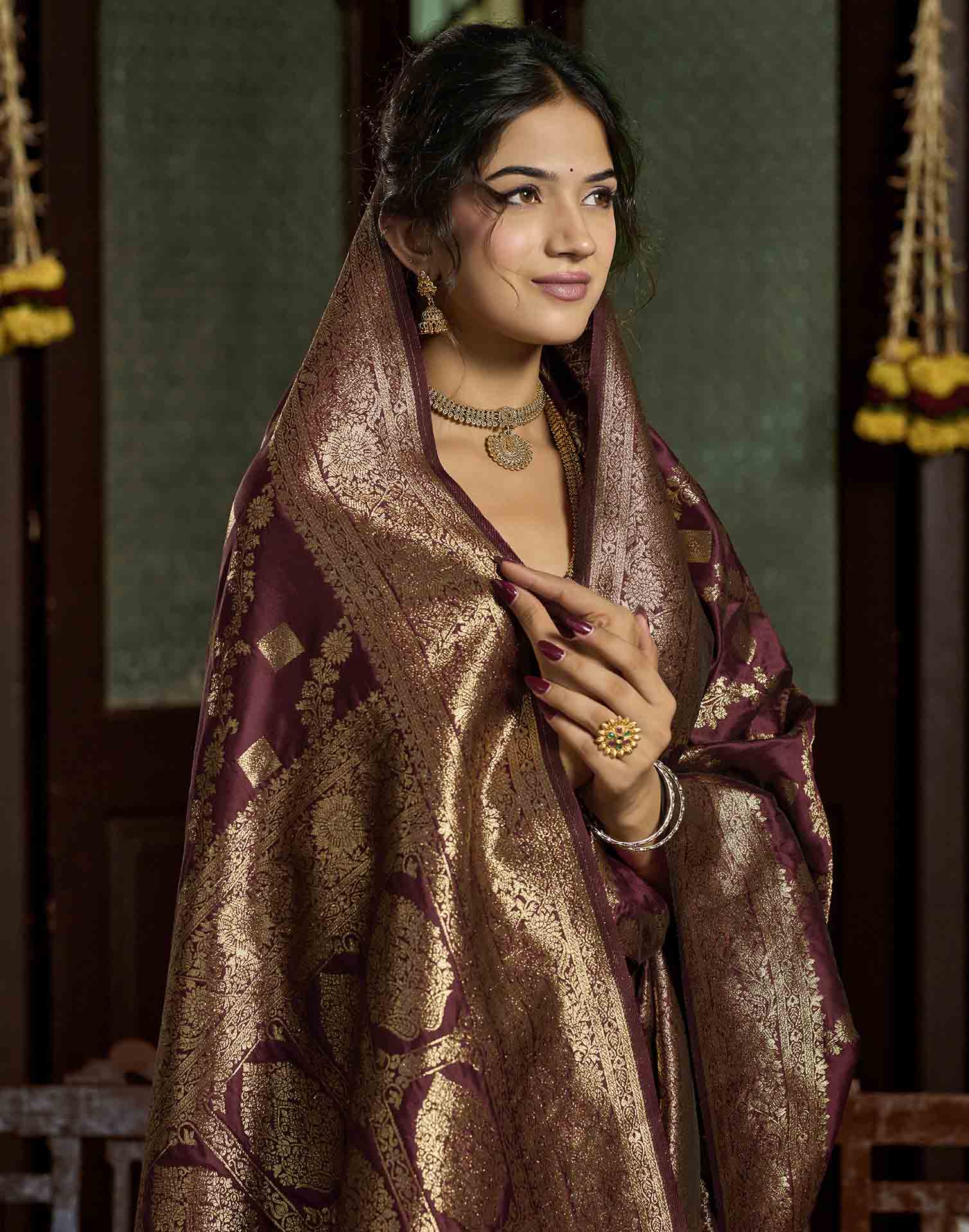 Maroon Silk Woven Banarasi Saree