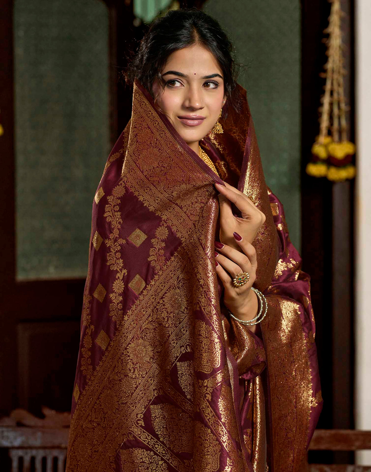 Maroon Silk Woven Banarasi Saree
