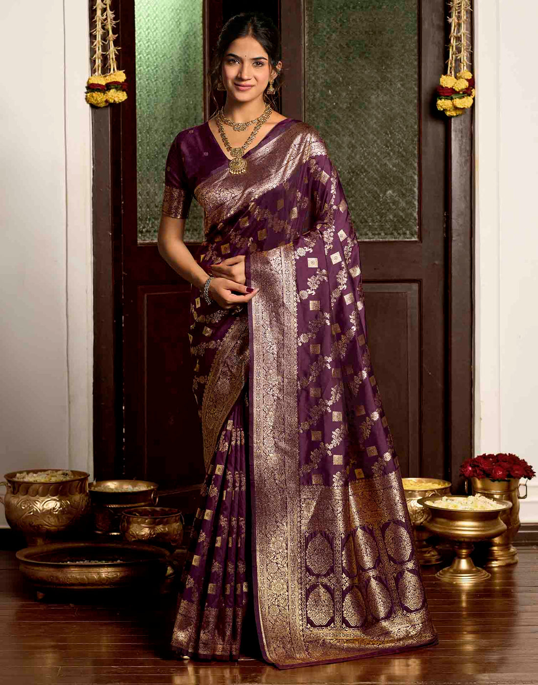 Wine Silk Woven Banarasi Saree