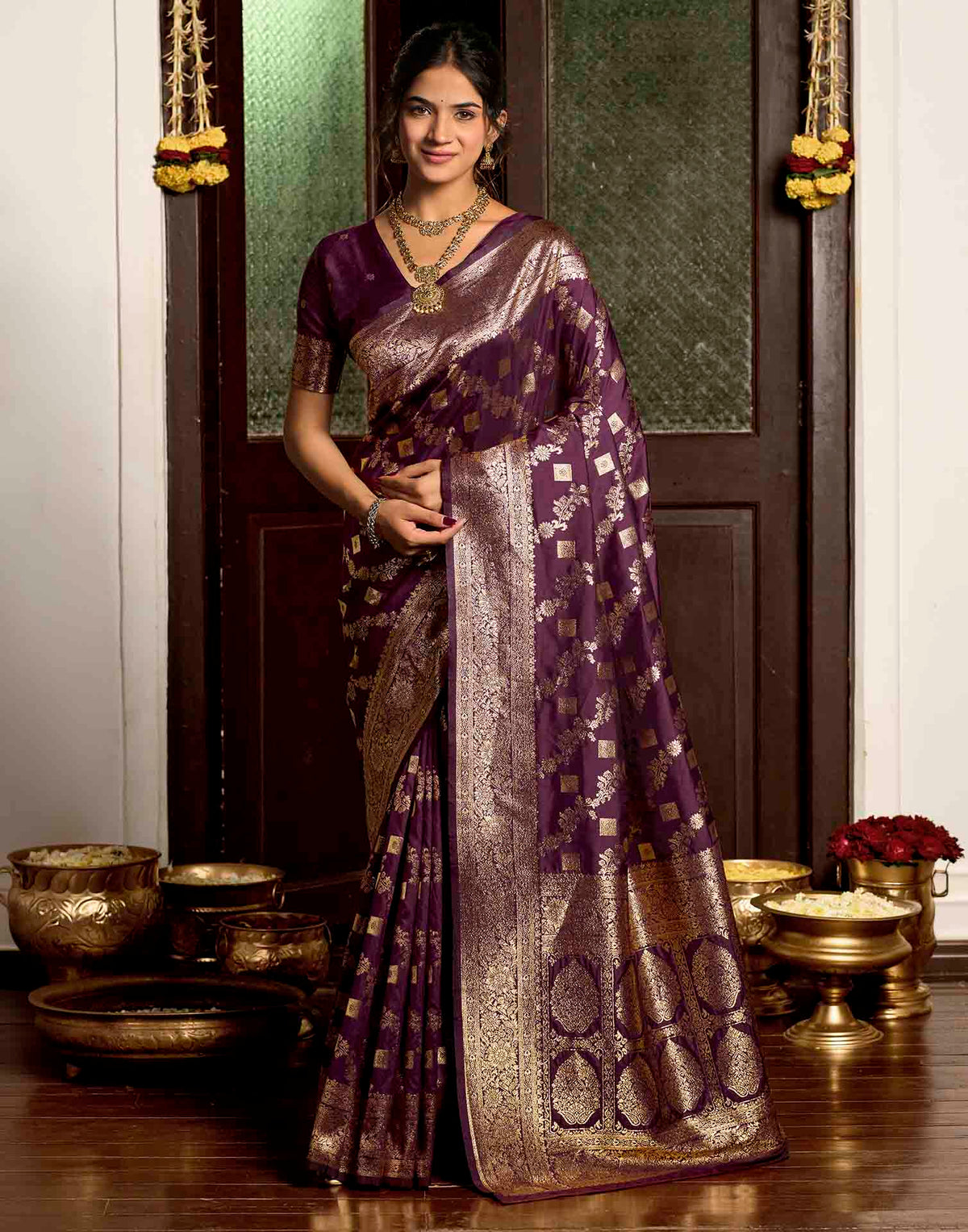 Wine Silk Woven Banarasi Saree