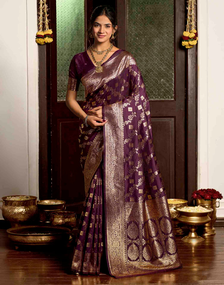 Wine Silk Woven Banarasi Saree
