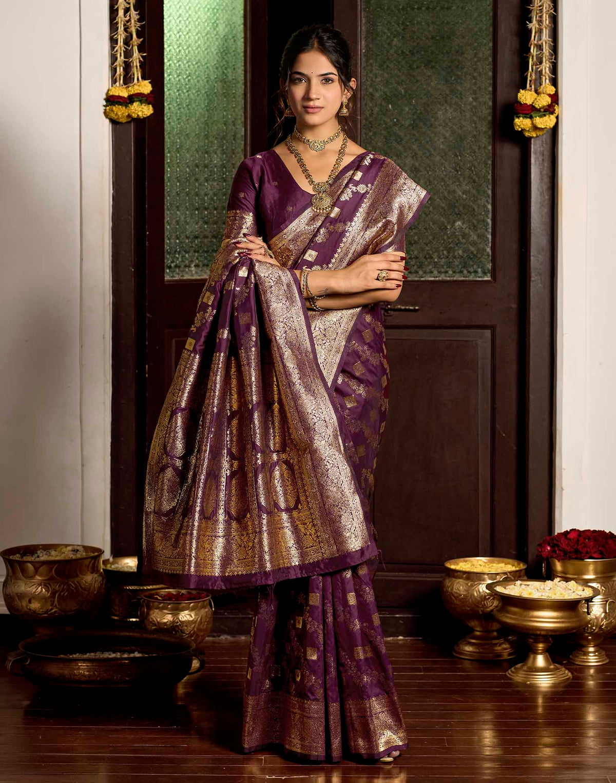 Wine Silk Woven Banarasi Saree