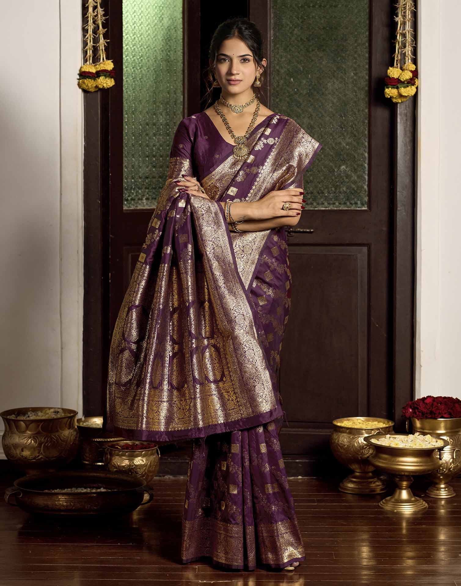 Wine Silk Woven Banarasi Saree