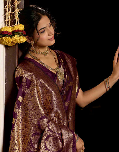 Wine Silk Woven Banarasi Saree