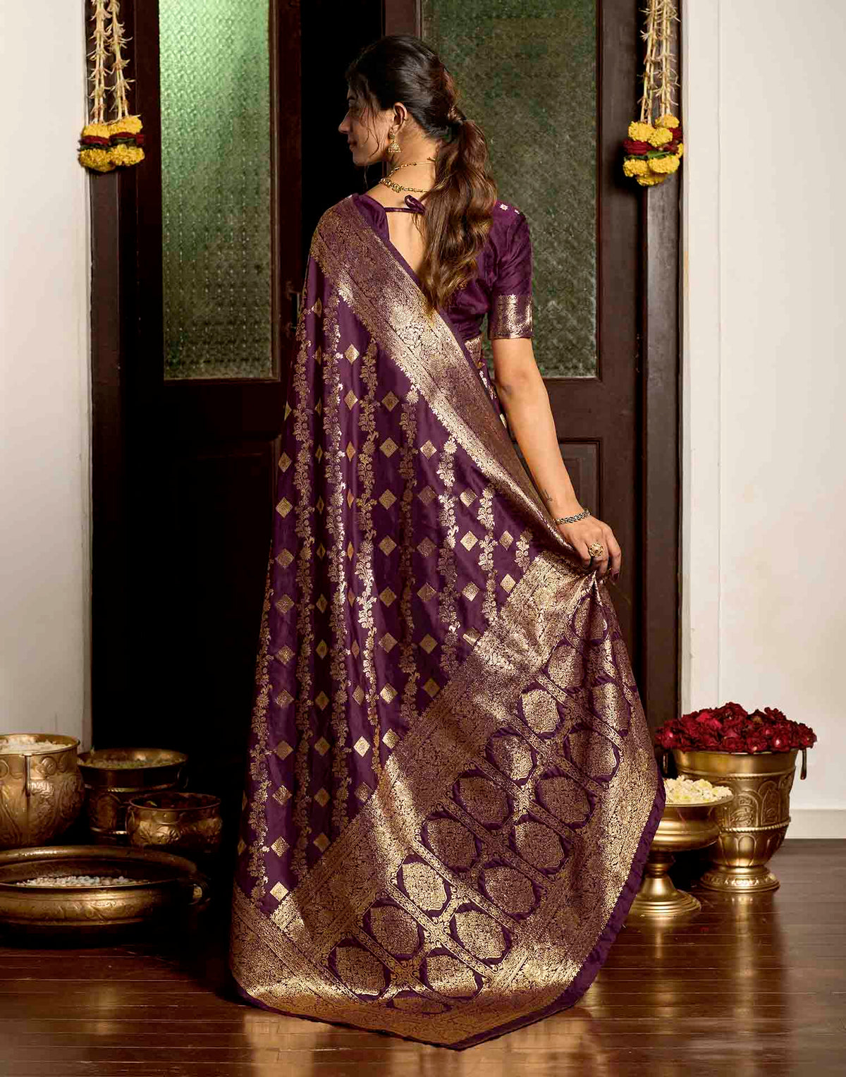Wine Silk Woven Banarasi Saree