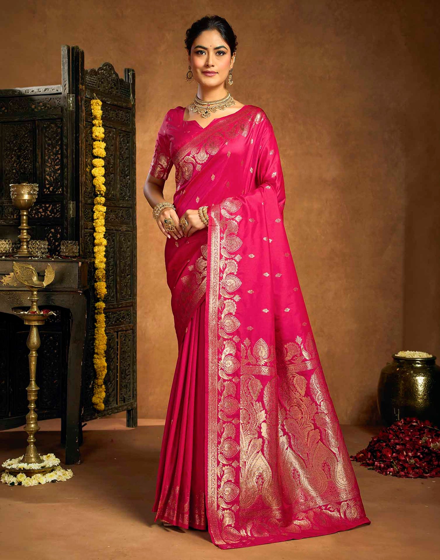 Rani Pink Silk Woven Banarasi Saree