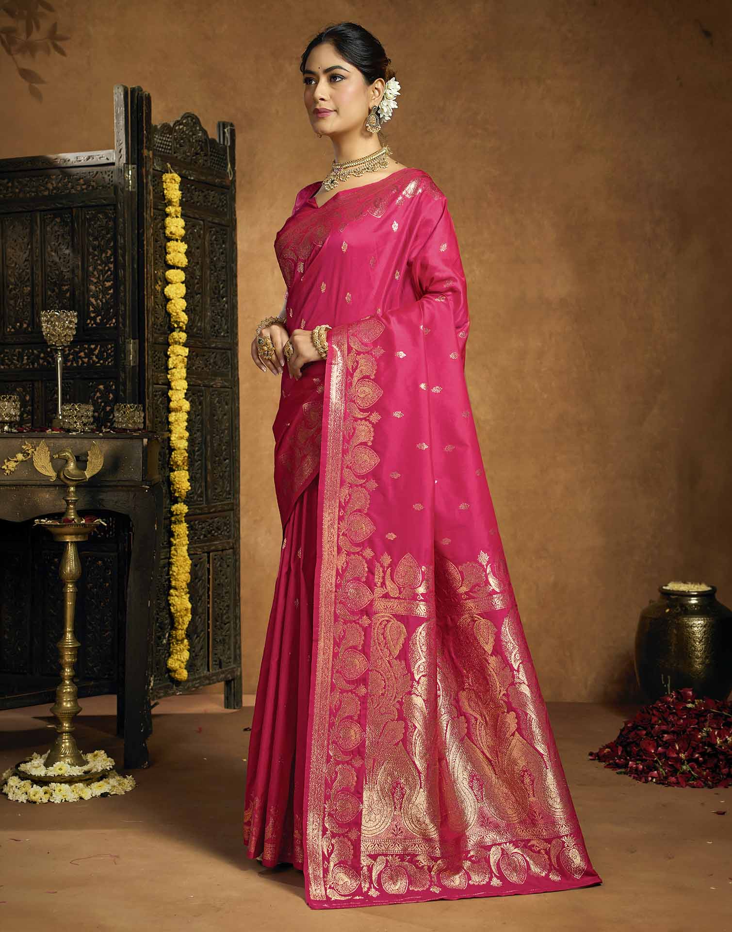 Rani Pink Silk Woven Banarasi Saree