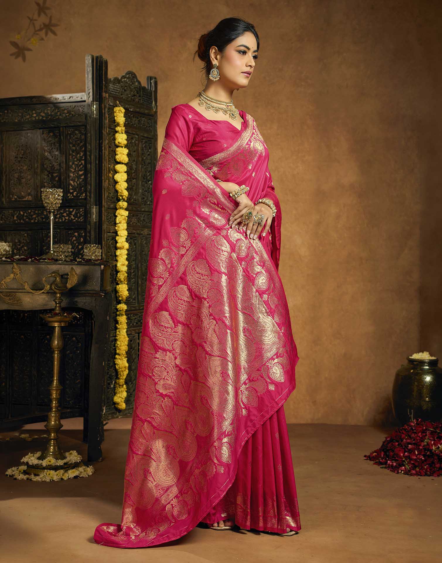 Rani Pink Silk Woven Banarasi Saree