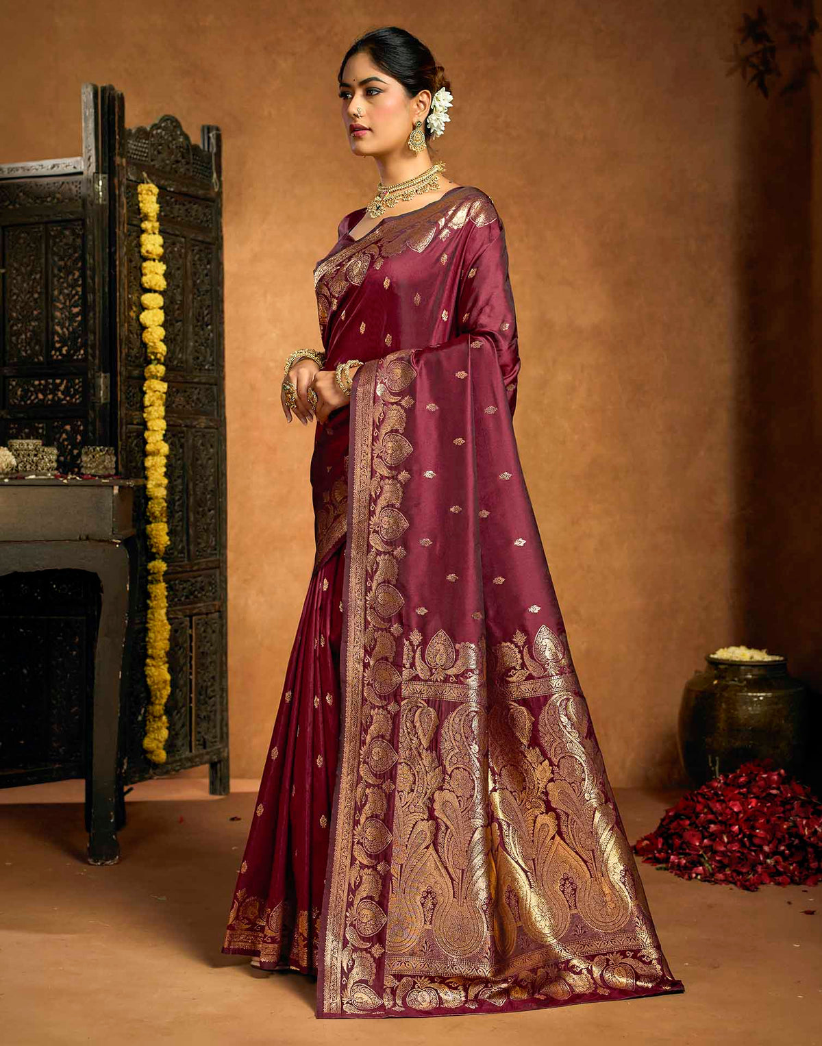 Maroon Silk Woven Banarasi Saree
