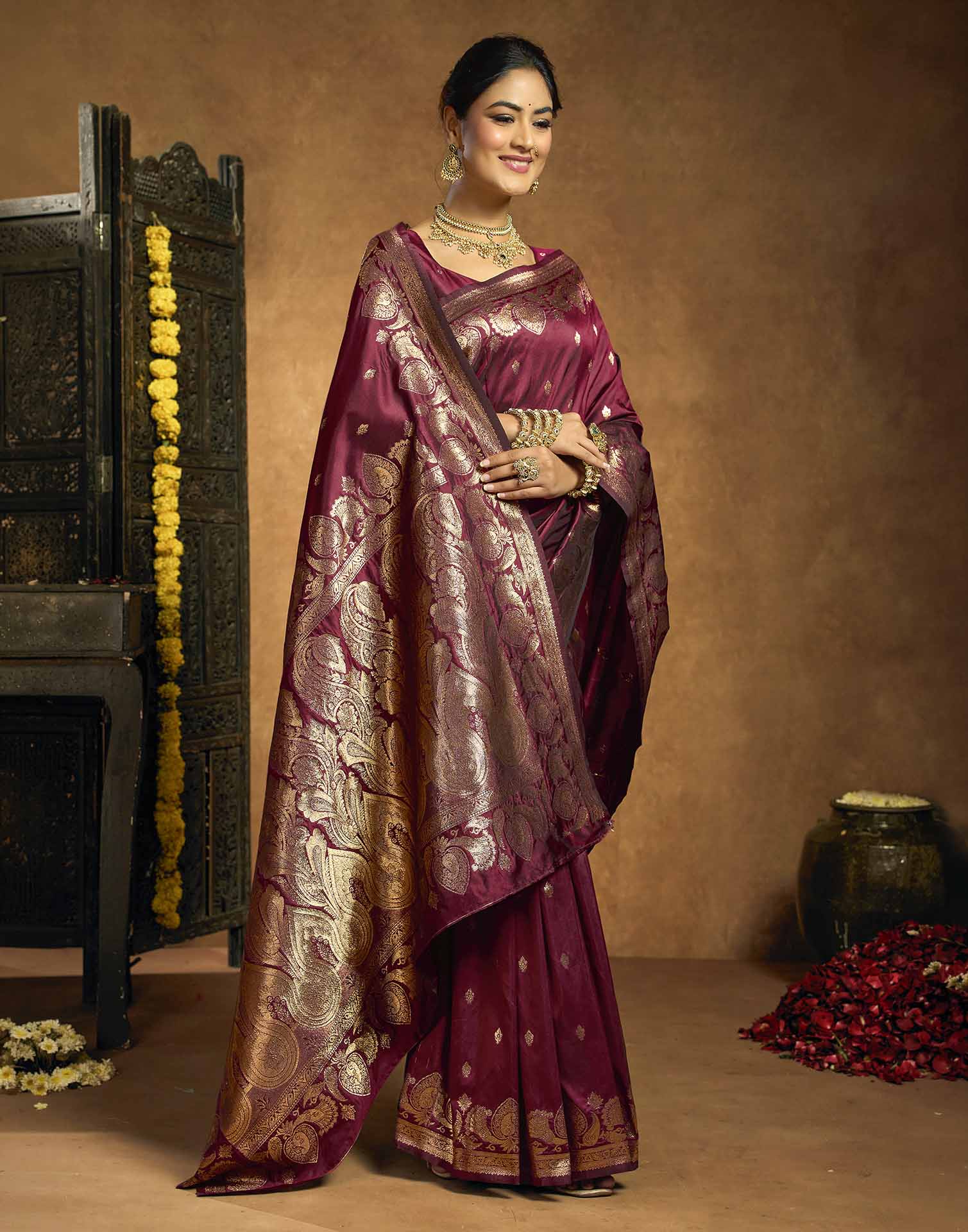 Maroon Silk Woven Banarasi Saree