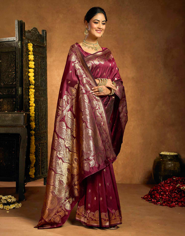 Maroon Silk Woven Banarasi Saree