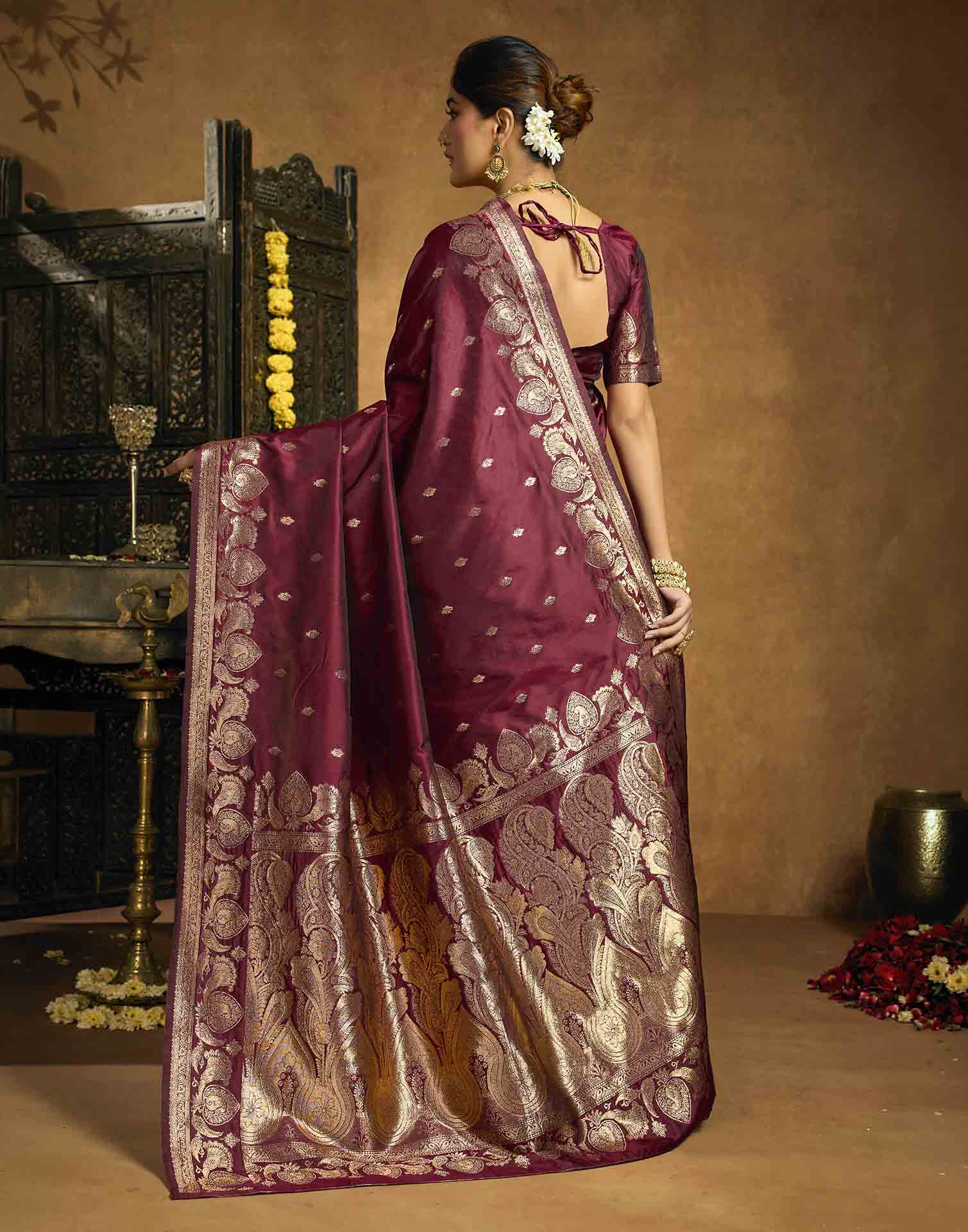Maroon Silk Woven Banarasi Saree