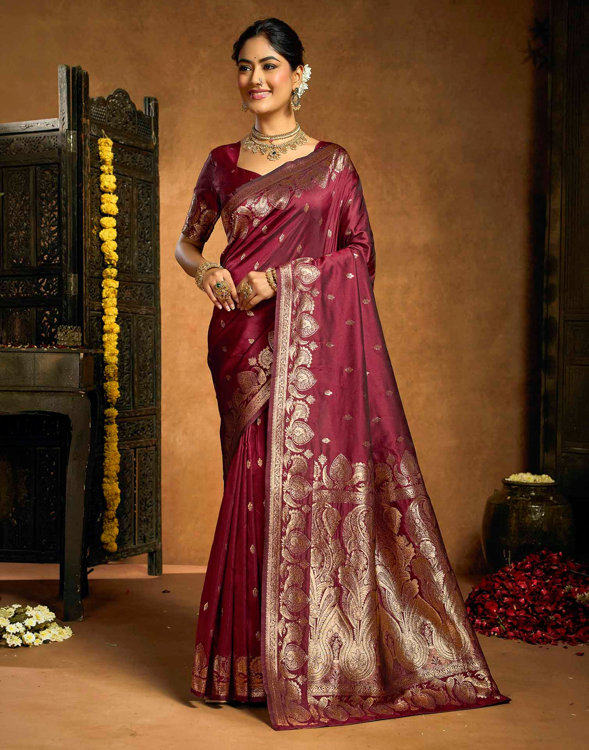 Maroon Silk Woven Banarasi Saree