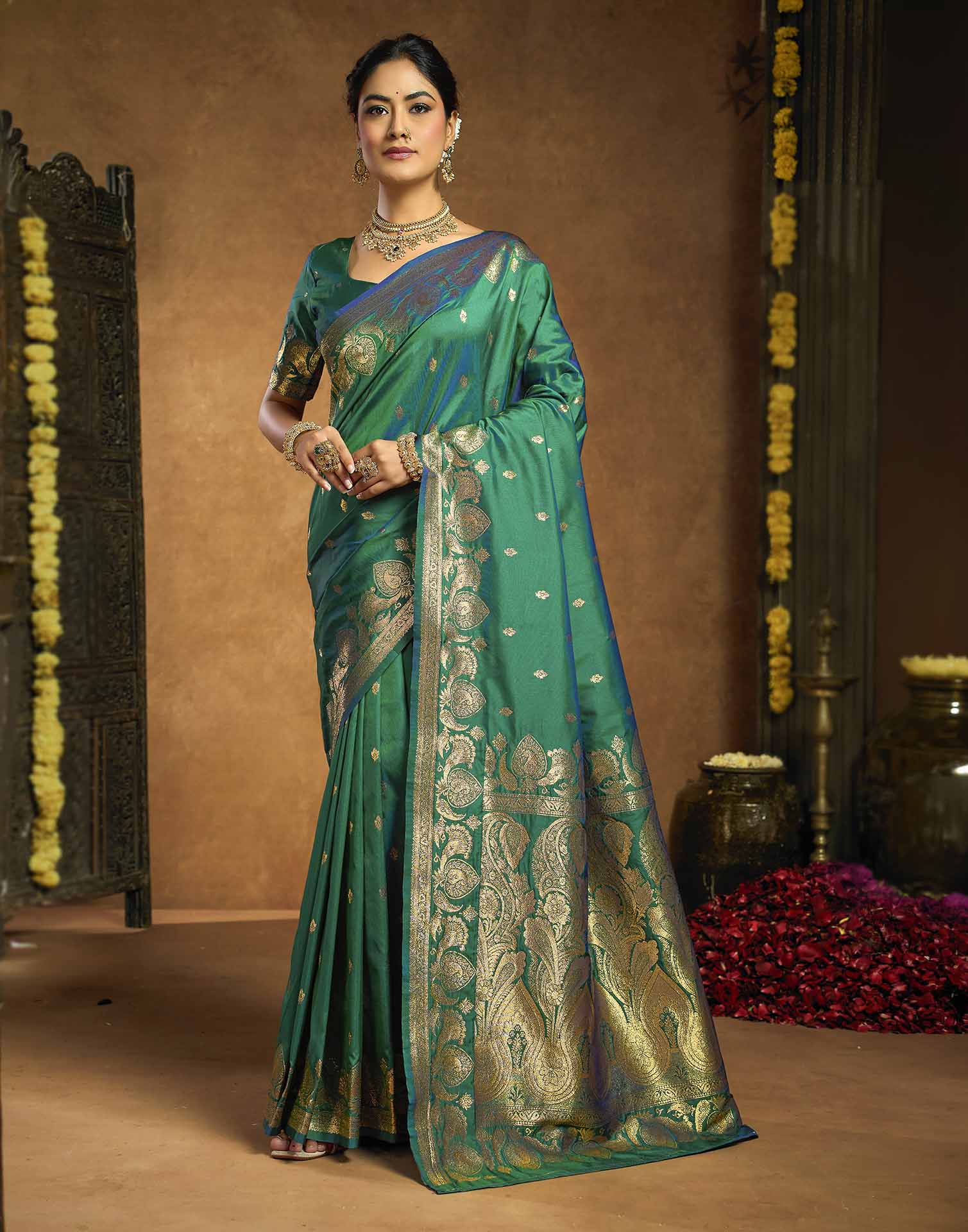 Bottle Green Silk Woven Banarasi Saree