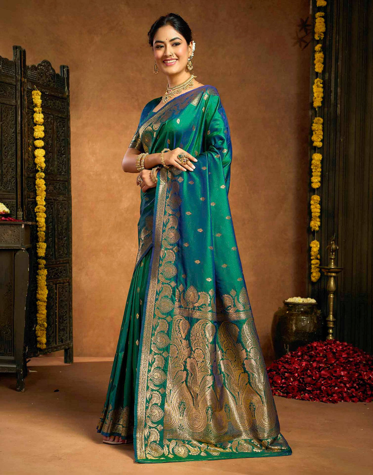 Bottle Green Silk Woven Banarasi Saree