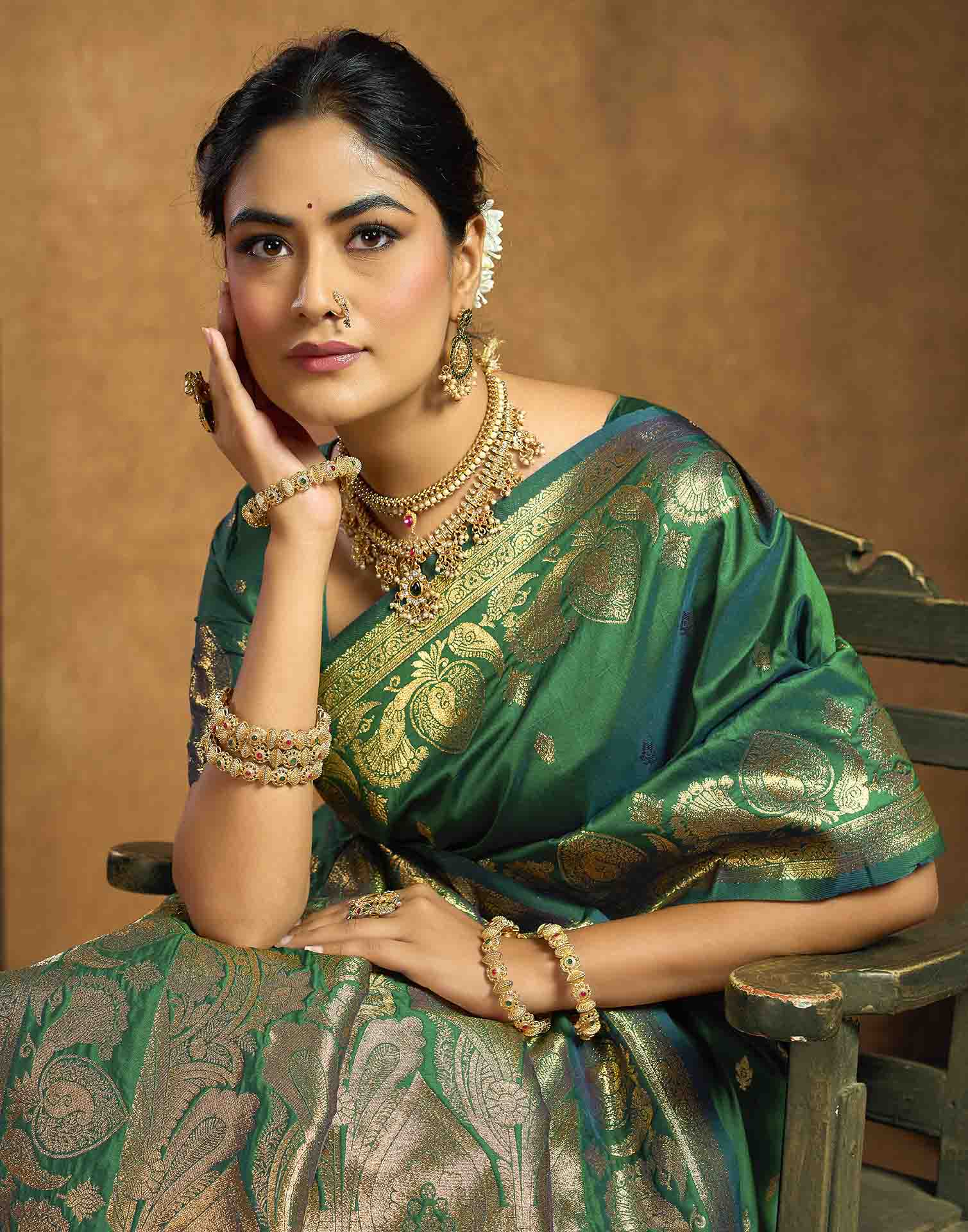 Bottle Green Silk Woven Banarasi Saree